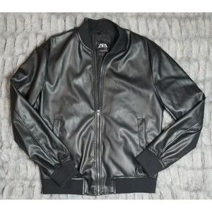 Zara Mens Varsity Jacket Medium Black Faux Leather Full Zip Pockets